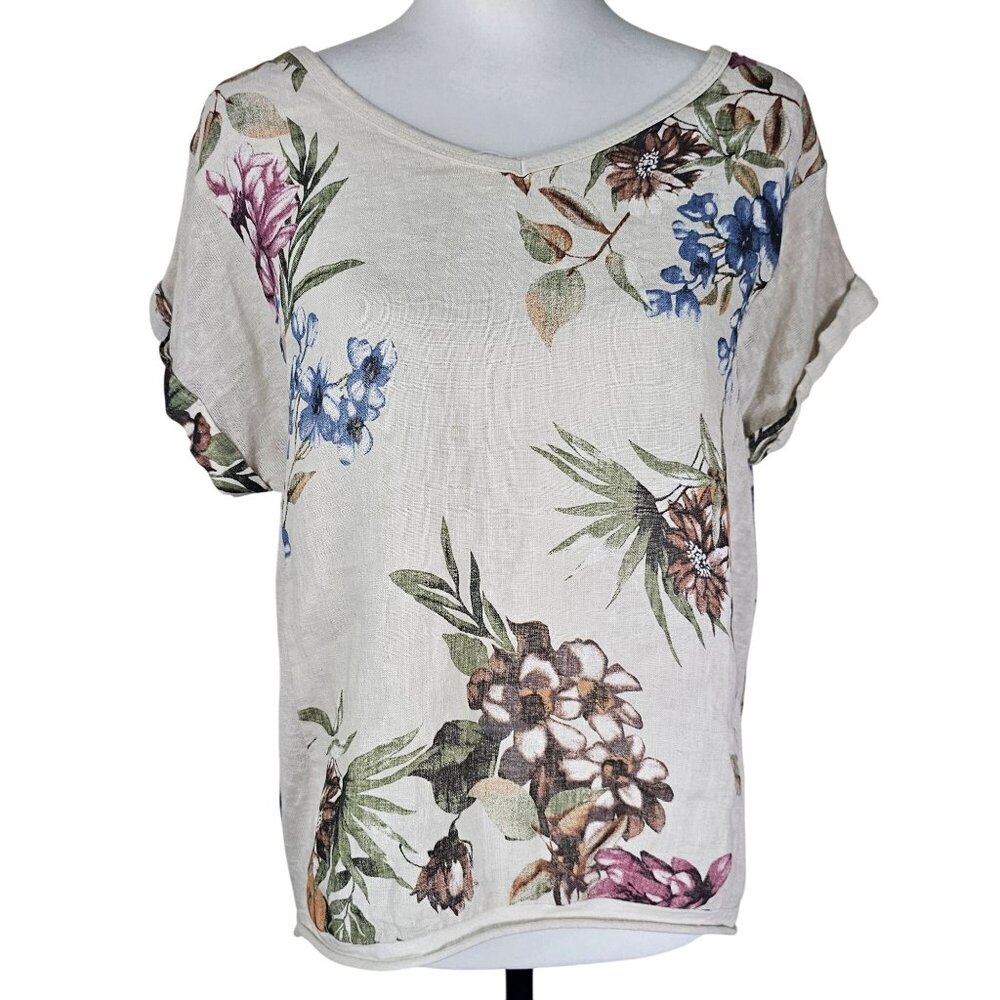 Floral Italian Knit Linen Tunic Top S Coastal Beachy Resort Lightweight Beach